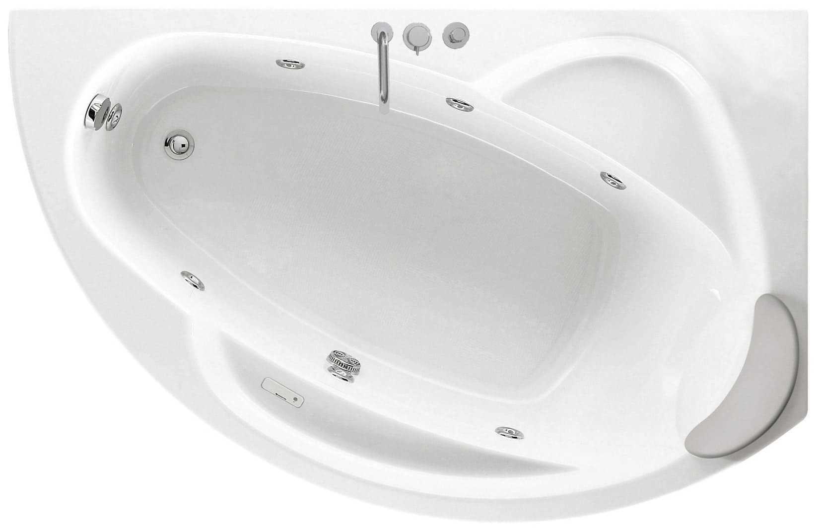 Novellini Vogue Vasca da Bagno Versione Hydro Misura 165X85 H55cm Idro Whirlpool 7 Jets Forma Esterna Tonda Curva Semicircolare Asimmetrica Interna Ovale Installazione Angolo Destra DX Pannello Colonna Rubinetteria Cuscino Materiale Acrilico Colore Bianco