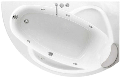 Novellini Vogue Vasca da Bagno Versione Hydro Misura 165X85 H55cm Idro Whirlpool 7 Jets Forma Esterna Tonda Curva Semicircolare Asimmetrica Interna Ovale Installazione Angolo Destra DX Pannello Colonna Rubinetteria Cuscino Materiale Acrilico Colore Bianco