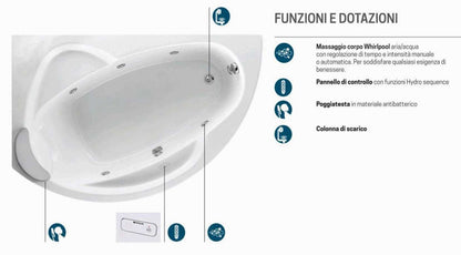 Novellini Vogue Vasca da Bagno Versione Hydro Misura 165x85 H55 cm Idromassaggio Whirlpool 7 Jets Forma Esterna Tonda Curva Semicircolare Asimmetrica Interna Ovale Installazione Angolare Sinistra Pannello Colonna Cuscino Materiale Acrilico Finitura Bianco