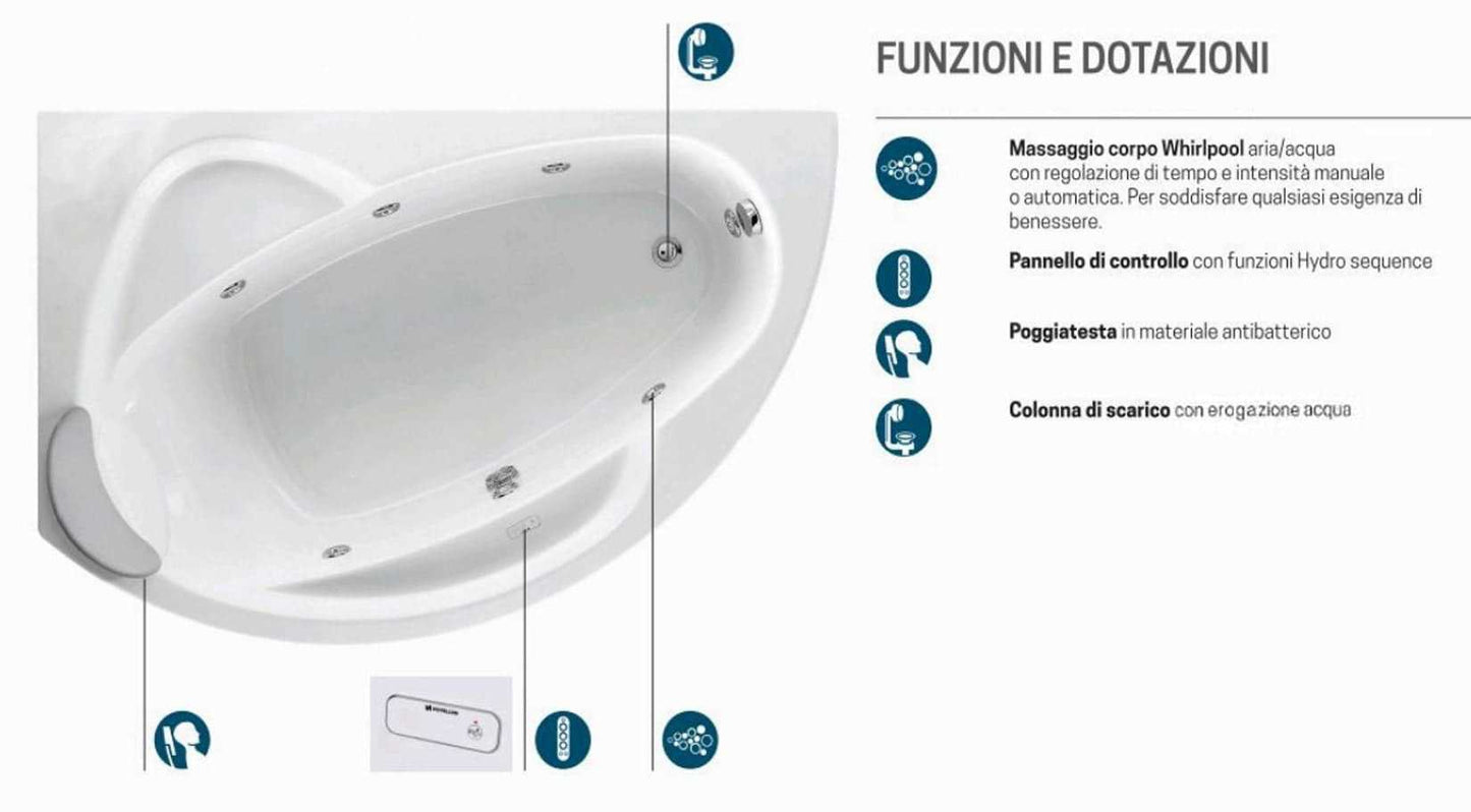 Novellini Vogue Vasca da Bagno Versione Hydro Misura 165X85 H55cm Idro Whirlpool 7 Jets Forma Esterna Tonda Curva Semicircolare Asimmetrica Interna Ovale Installazione Angolare Sinistra Pannello Colonna Erogatore Cuscino Materiale Acrilico Finitura Bianco