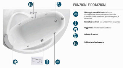 Novellini Vogue Vasca da Bagno Versione Hydro Misura 165X85 H55 cm Idro Whirlpool 7 Jets Forma Esterna Tonda Curva Semicircolare Asimmetrica Interna Ovale Installazione Angolo Sinistra Pannello Colonna Rubinetteria Cuscino Materiale Acrilico Colore Bianco