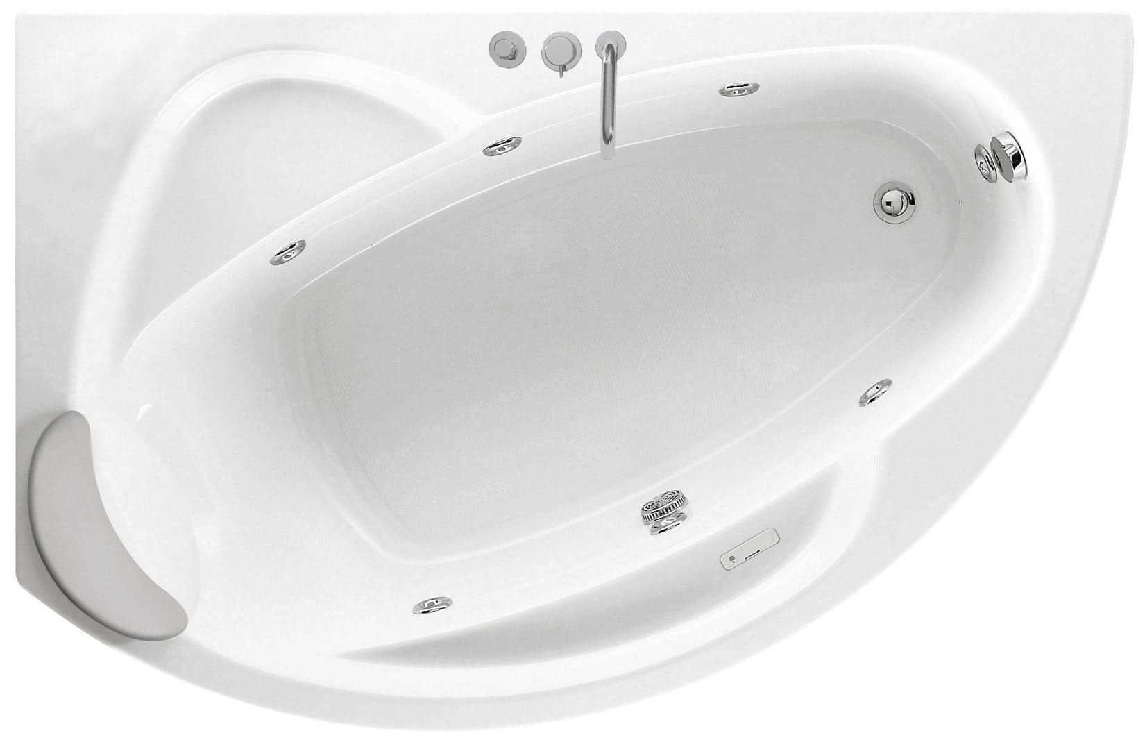 Novellini Vogue Vasca da Bagno Versione Hydro Misura 165X85 H55 cm Idro Whirlpool 7 Jets Forma Esterna Tonda Curva Semicircolare Asimmetrica Interna Ovale Installazione Angolo Sinistra Pannello Colonna Rubinetteria Cuscino Materiale Acrilico Colore Bianco