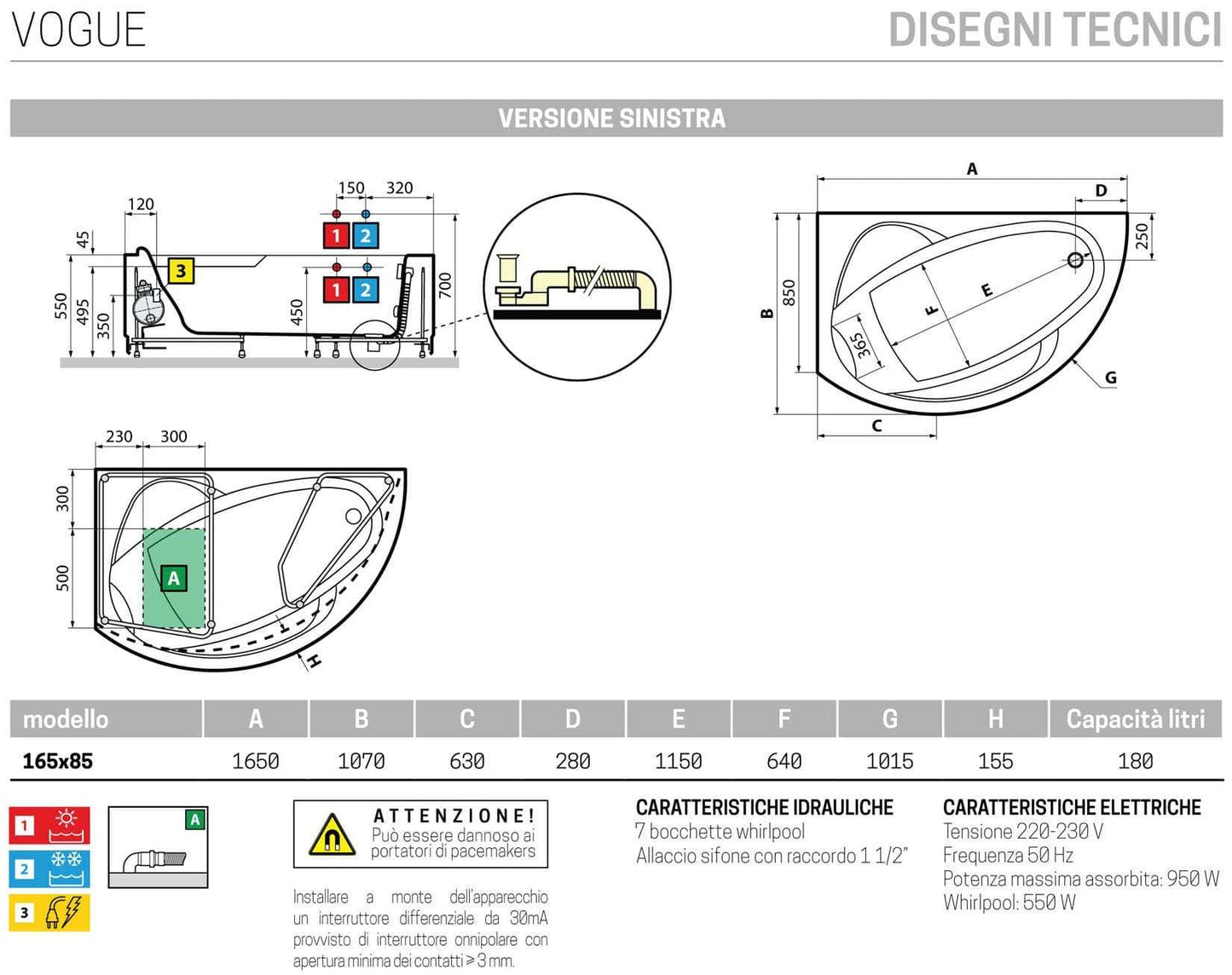 Novellini Vogue Vasca da Bagno Versione Hydro Misura 165X85 H55 cm Idro Whirlpool 7 Jets Forma Esterna Tonda Curva Semicircolare Asimmetrica Interna Ovale Installazione Angolo Sinistra Pannello Colonna Rubinetteria Cuscino Materiale Acrilico Colore Bianco