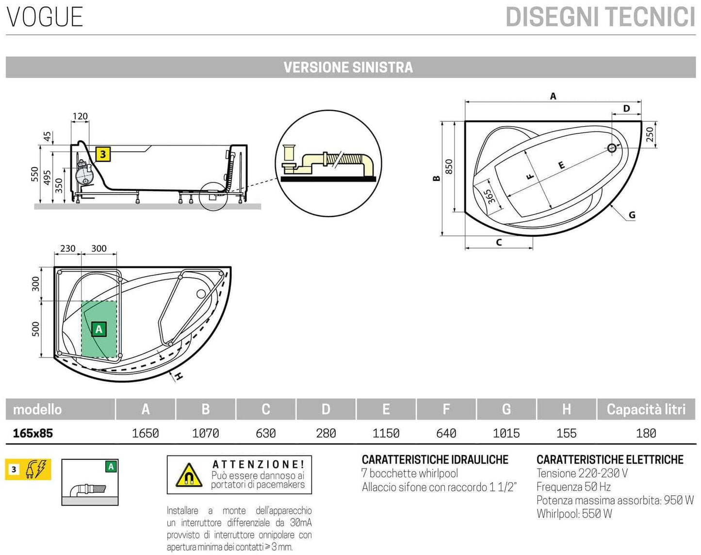 Novellini Vogue Vasca da Bagno Versione Hydro Misura 165x85 H55 cm Idromassaggio Whirlpool 7 Jets Forma Esterna Tonda Curva Semicircolare Asimmetrica Interna Ovale Installazione Angolare Sinistra Pannello Colonna Cuscino Materiale Acrilico Finitura Bianco