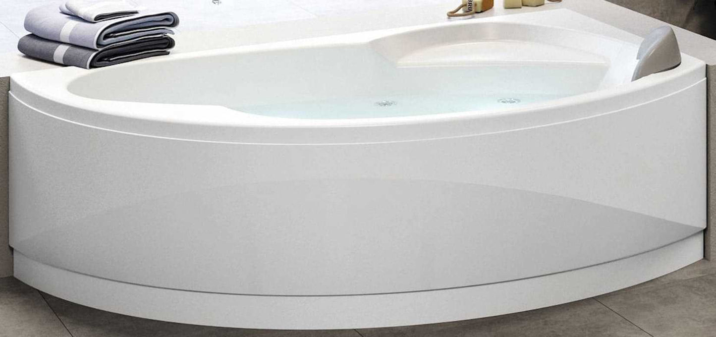 Novellini Vogue Vasca da Bagno Versione Hydro Misura 150x85 H55 cm Idro Whirlpool 5 Jets Forma Esterna Tonda Curva Semicircolare Asimmetrica Interna Ovale Installazione Angolare Destra Pannello Colonna Erogatore Cuscino Materiale Acrilico Finitura Bianco