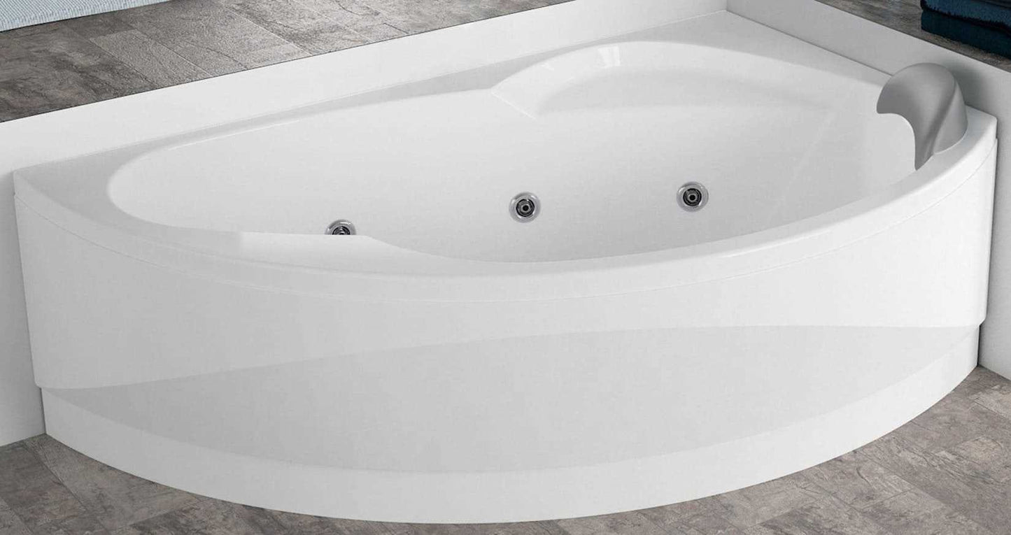 Novellini Vogue Vasca da Bagno Versione Hydro Misura 165X85 H55cm Idro Whirlpool 7 Jets Forma Esterna Tonda Curva Semicircolare Asimmetrica Interna Ovale Installazione Angolare Destra Pannello Colonna Erogatore Cuscino Materiale Acrilico Finitura Bianco