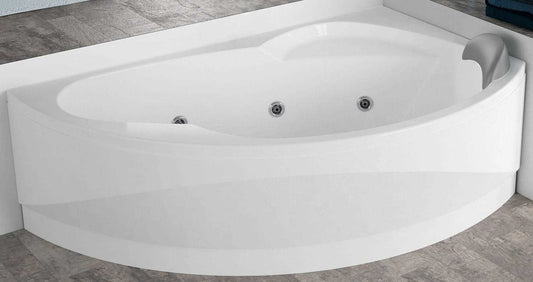 Novellini Vogue Vasca da Bagno Versione Hydro Misura 165X85 H55cm Idro Whirlpool 7 Jets Forma Esterna Tonda Curva Semicircolare Asimmetrica Interna Ovale Installazione Angolare Destra Pannello Colonna Erogatore Cuscino Materiale Acrilico Finitura Bianco