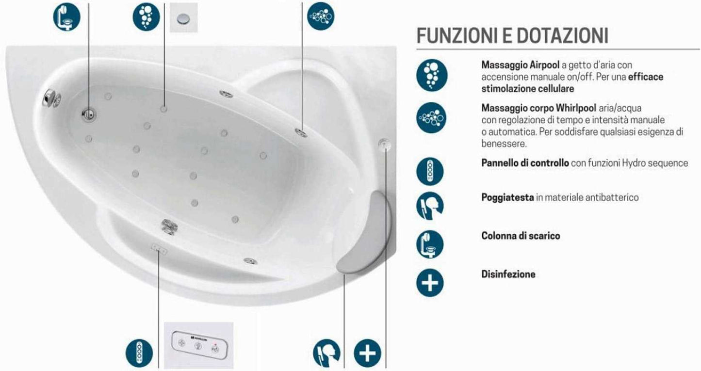Novellini Vogue Vasca da Bagno Versione Hydro Plus Misura 150x85 H55 cm Idro Whirlpool 5 Jets Disinfezione Airpool 12 Getti Forma Esterna Curva Asimmetrica Interna Ovale Montaggio Angolo Destra Pannello Colonna Cuscino Materiale Acrilico Finitura Bianco