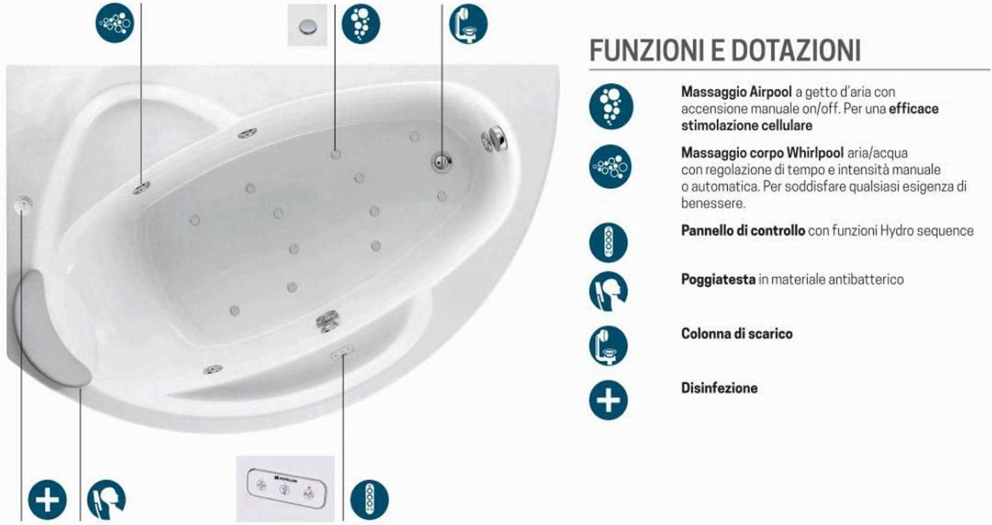 Novellini Vogue Vasca da Bagno Versione Hydro Plus Misura 150x85 H55 cm Idro Whirlpool 5 Jets Disinfezione Airpool 12 Getti Forma Esterna Curva Asimmetrica Interna Ovale Montaggio Angolo Sinistra Pannello Colonna Cuscino Materiale Acrilico Finitura Bianco
