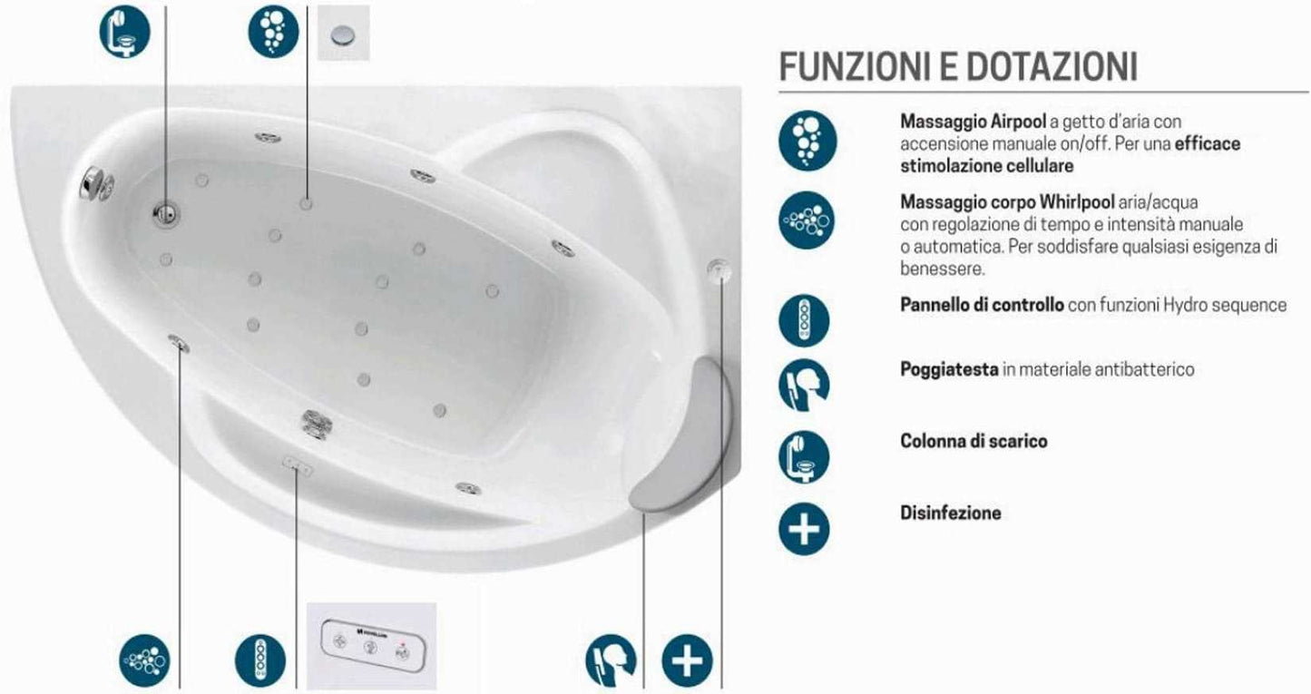Novellini Vogue Vasca da Bagno Versione Hydro Plus Misura 165x85 H55 cm Idro Whirlpool 7 Jets Disinfezione Airpool 12 Getti Forma Esterna Curva Asimmetrica Interna Ovale Montaggio Angolo Destra Pannello Colonna Cuscino Materiale Acrilico Finitura Bianco