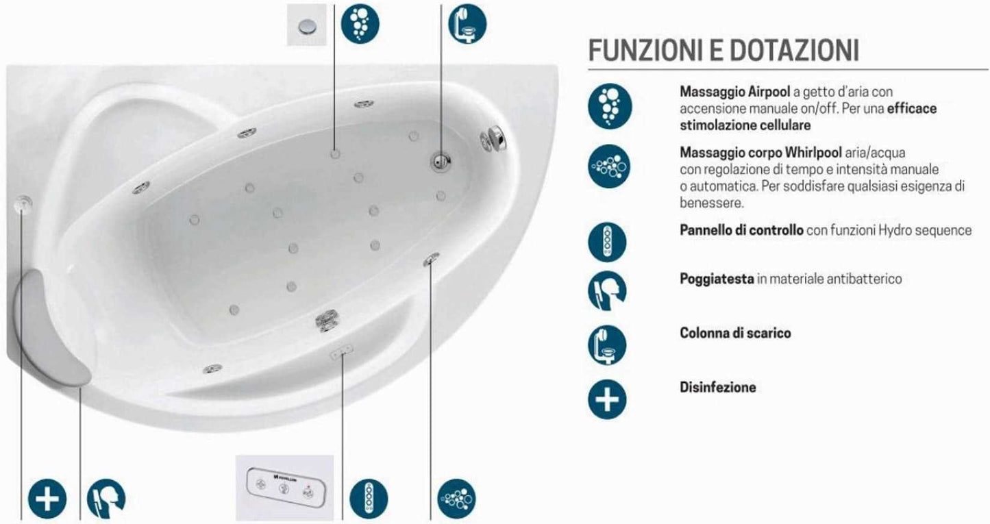 Novellini Vogue Vasca da Bagno Versione Hydro Plus Misura 165x85 H55 cm Idro Whirlpool 7 Jets Disinfezione Airpool 12 Getti Forma Esterna Curva Asimmetrica Interna Ovale Montaggio Angolo Sinistra Pannello Colonna Cuscino Materiale Acrilico Finitura Bianco