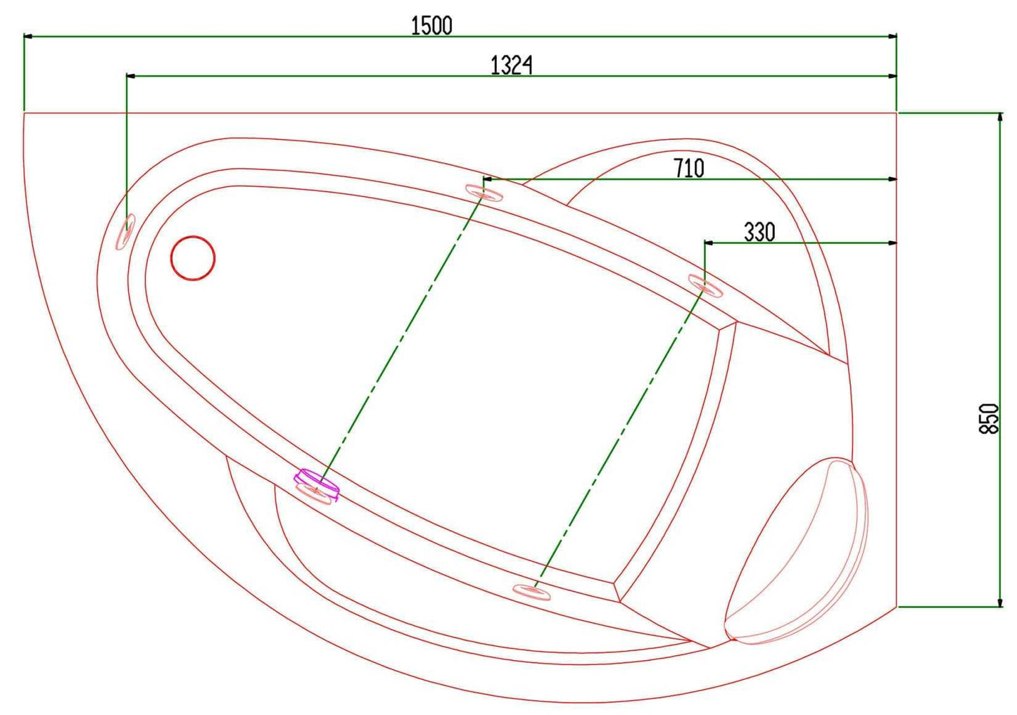 Novellini Vogue Vasca da Bagno Versione Hydro Misura 150x85 H55 cm Idro Whirlpool 5 Jets Forma Esterna Tonda Curva Semicircolare Asimmetrica Interna Ovale Installazione Angolare Destra Pannello Colonna Erogatore Cuscino Materiale Acrilico Finitura Bianco