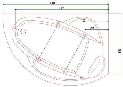 Novellini Vogue Vasca da Bagno Versione Hydro Misura 150x85 H55 cm Idro Whirlpool 5 Jets Forma Esterna Tonda Curva Semicircolare Asimmetrica Interna Ovale Installazione Angolare Destra Pannello Colonna Erogatore Cuscino Materiale Acrilico Finitura Bianco