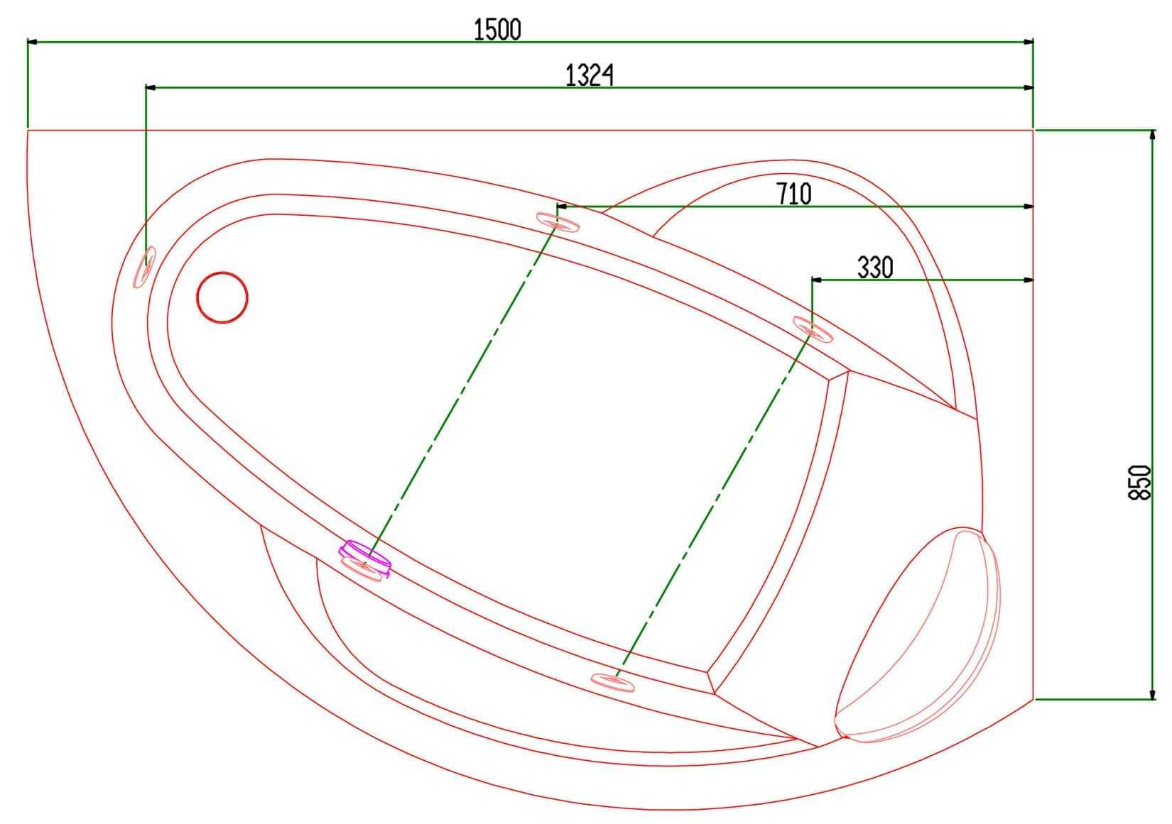 Novellini Vogue Vasca da Bagno Versione Hydro Misura 150x85 H55 cm Idro Whirlpool 5 Jets Forma Esterna Tonda Curva Semicircolare Asimmetrica Interna Ovale Installazione Angolo Destra Pannello Colonna Rubinetteria Cuscino Materiale Acrilico Colore Bianco