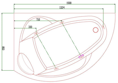 Novellini Vogue Vasca da Bagno Versione Hydro Misura 150x85 H55 cm Idro Whirlpool 5 Jets Forma Esterna Tonda Curva Semicircolare Asimmetrica Interna Ovale Installazione Angolo Sinistra Pannello Colonna Rubinetteria Cuscino Materiale Acrilico Colore Bianco