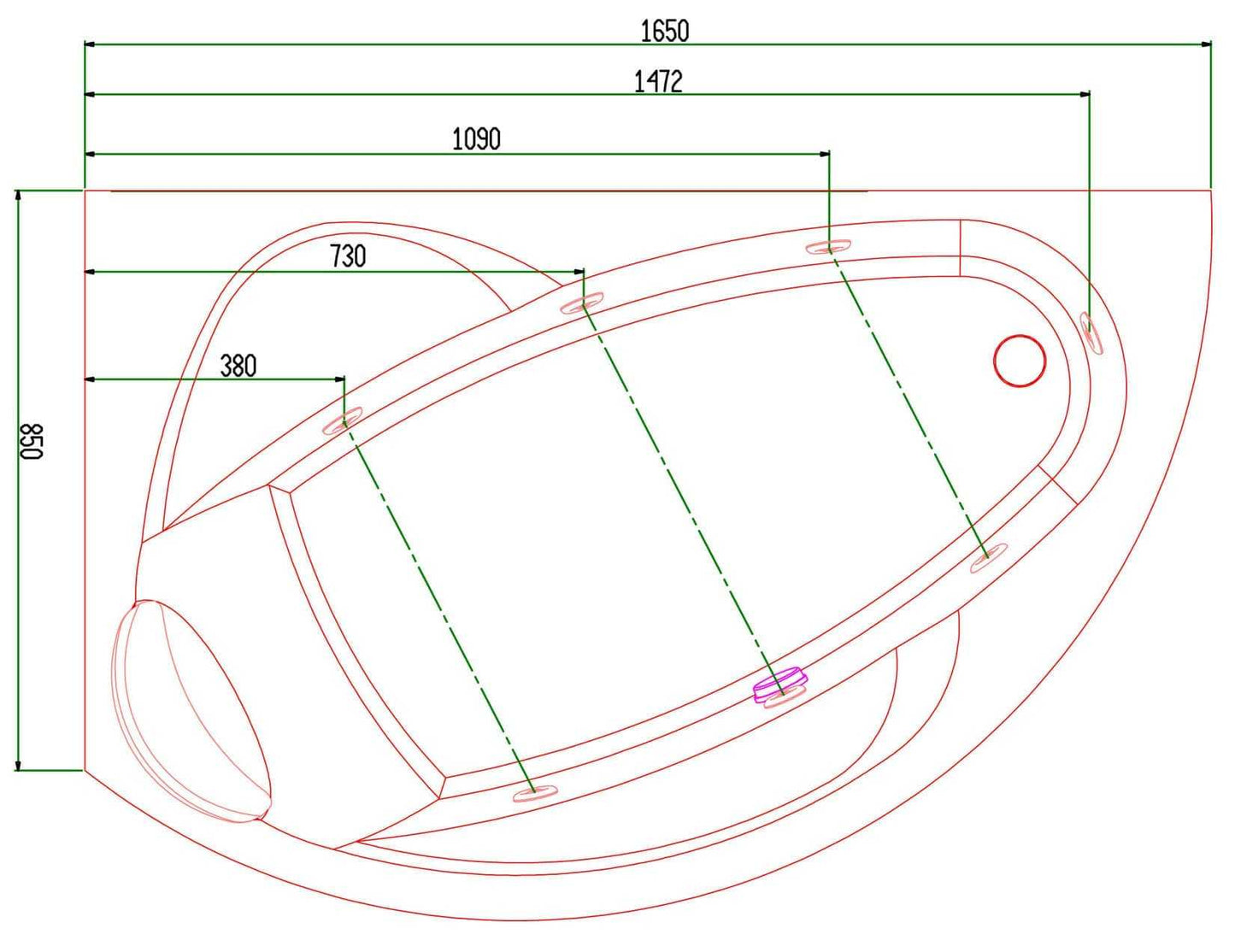 Novellini Vogue Vasca da Bagno Versione Hydro Misura 165X85 H55 cm Idro Whirlpool 7 Jets Forma Esterna Tonda Curva Semicircolare Asimmetrica Interna Ovale Installazione Angolo Sinistra Pannello Colonna Rubinetteria Cuscino Materiale Acrilico Colore Bianco