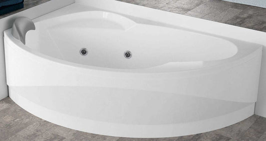 Novellini Vogue Vasca da Bagno Versione Hydro Misura 150x85 H55cm Idro Whirlpool 5 Jets Forma Esterna Tonda Curva Semicircolare Asimmetrica Interna Ovale Installazione Angolare Sinistra Pannello Colonna Erogatore Cuscino Materiale Acrilico Finitura Bianco