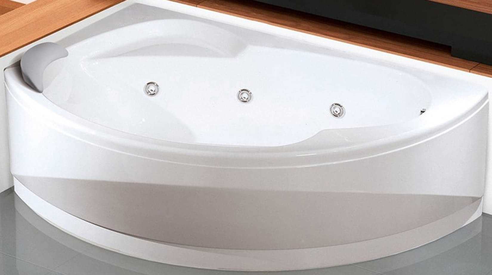 Novellini Vogue Vasca da Bagno Versione Hydro Misura 165x85 H55 cm Idromassaggio Whirlpool 7 Jets Forma Esterna Tonda Curva Semicircolare Asimmetrica Interna Ovale Installazione Angolare Sinistra Pannello Colonna Cuscino Materiale Acrilico Finitura Bianco