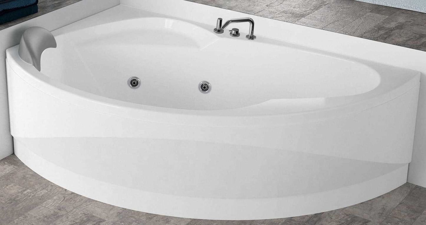 Novellini Vogue Vasca da Bagno Versione Hydro Misura 150x85 H55 cm Idro Whirlpool 5 Jets Forma Esterna Tonda Curva Semicircolare Asimmetrica Interna Ovale Installazione Angolo Sinistra Pannello Colonna Rubinetteria Cuscino Materiale Acrilico Colore Bianco