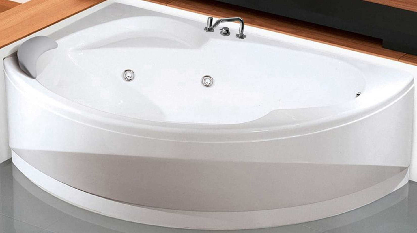 Novellini Vogue Vasca da Bagno Versione Hydro Misura 150x85 H55 cm Idro Whirlpool 5 Jets Forma Esterna Tonda Curva Semicircolare Asimmetrica Interna Ovale Installazione Angolo Sinistra Pannello Colonna Rubinetteria Cuscino Materiale Acrilico Colore Bianco