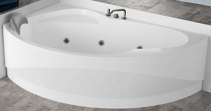 Novellini Vogue Vasca da Bagno Versione Hydro Misura 165X85 H55 cm Idro Whirlpool 7 Jets Forma Esterna Tonda Curva Semicircolare Asimmetrica Interna Ovale Installazione Angolo Sinistra Pannello Colonna Rubinetteria Cuscino Materiale Acrilico Colore Bianco