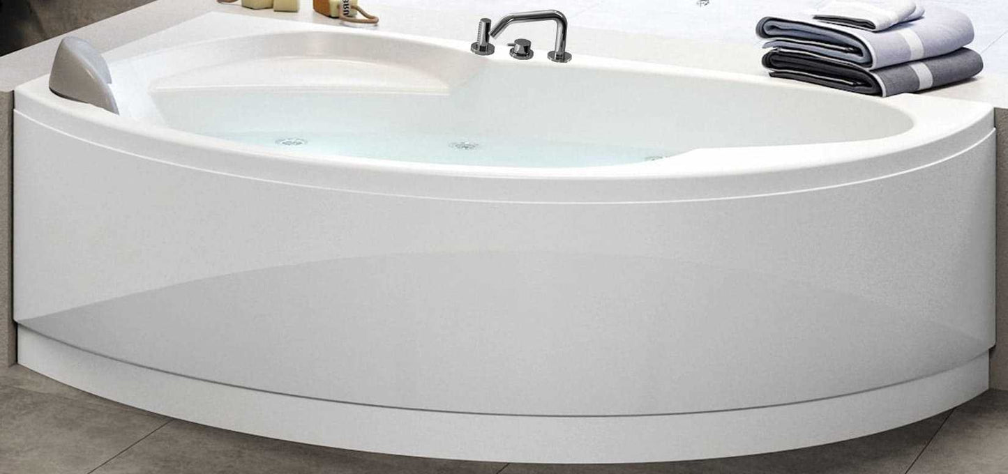 Novellini Vogue Vasca da Bagno Versione Hydro Misura 165X85 H55 cm Idro Whirlpool 7 Jets Forma Esterna Tonda Curva Semicircolare Asimmetrica Interna Ovale Installazione Angolo Sinistra Pannello Colonna Rubinetteria Cuscino Materiale Acrilico Colore Bianco