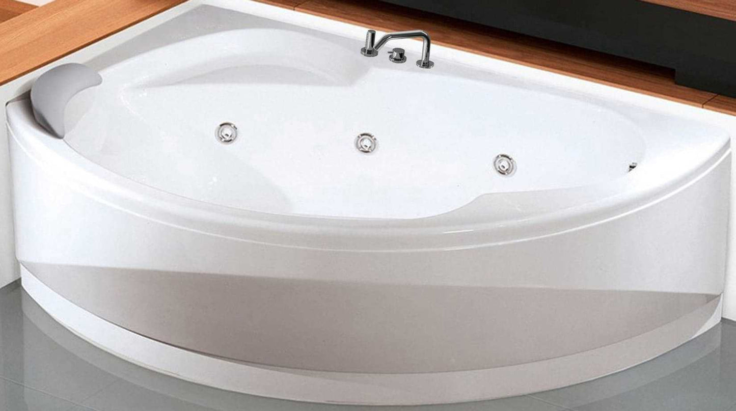 Novellini Vogue Vasca da Bagno Versione Hydro Misura 165X85 H55 cm Idro Whirlpool 7 Jets Forma Esterna Tonda Curva Semicircolare Asimmetrica Interna Ovale Installazione Angolo Sinistra Pannello Colonna Rubinetteria Cuscino Materiale Acrilico Colore Bianco