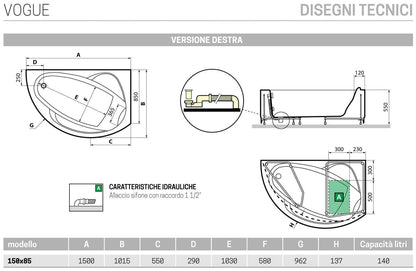 Novellini Vogue Vasca da Bagno Versione Standard Con Telaio Misura 150x85 H55 cm Forma Esterna Tonda Curva Semicircolare Asimmetrica Interna Ovale Installazione Angolare Destra Pannello Frontale Erogatore Cuscino Materiale Acrilico Finitura Bianco Lucido