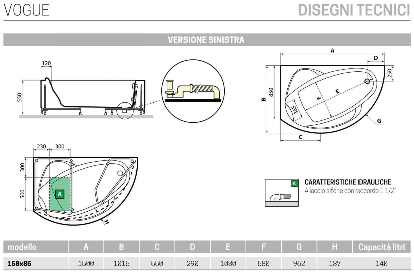 Novellini Vogue Vasca da Bagno Versione Standard Con Telaio Misura 150x85 H55 cm Forma Esterna Tonda Curva Semicircolare Asimmetrica Interna Ovale Installazione Angolo Sinistra Pannello Frontale Erogatore Cuscino Materiale Acrilico Finitura Bianco Lucido