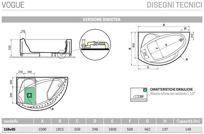 Novellini Vogue Vasca da Bagno Versione Standard Con Telaio Misura 150x85 H55 cm Forma Esterna Tonda Curva Semicircolare Asimmetrica Interna Ovale Installazione Angolo Sinistra Pannello Frontale Erogatore Cuscino Materiale Acrilico Finitura Bianco Lucido