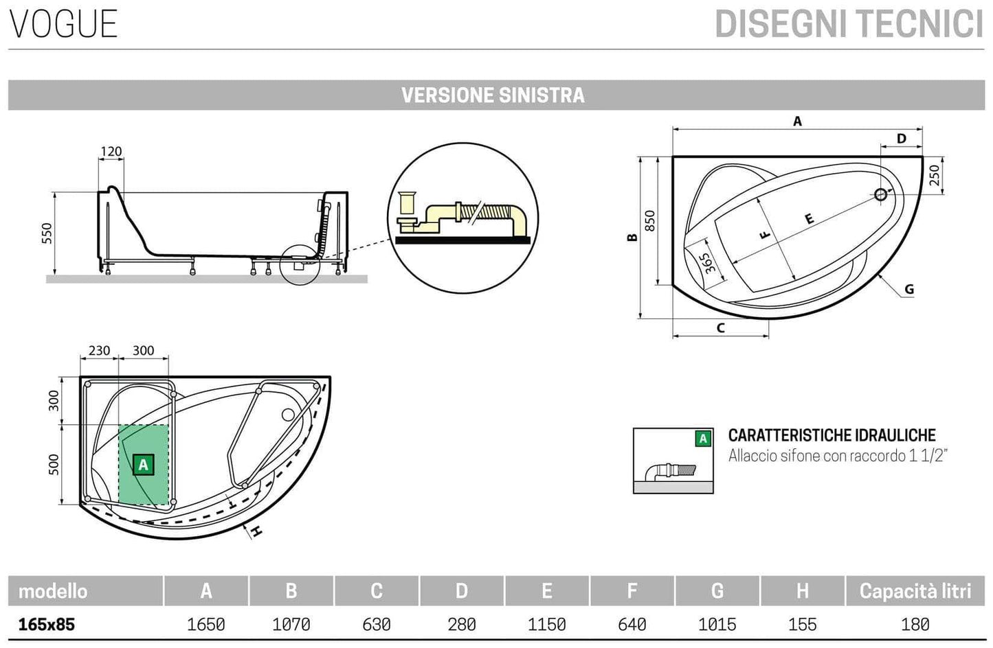 Novellini Vogue Vasca da Bagno Versione Standard Con Telaio Misura 165x85 H55 cm Forma Esterna Tonda Curva Semicircolare Asimmetrica Interna Ovale Installazione Angolare Sinistra Pannello Frontale Colonna Cuscino Materiale Acrilico Finitura Bianco Lucido