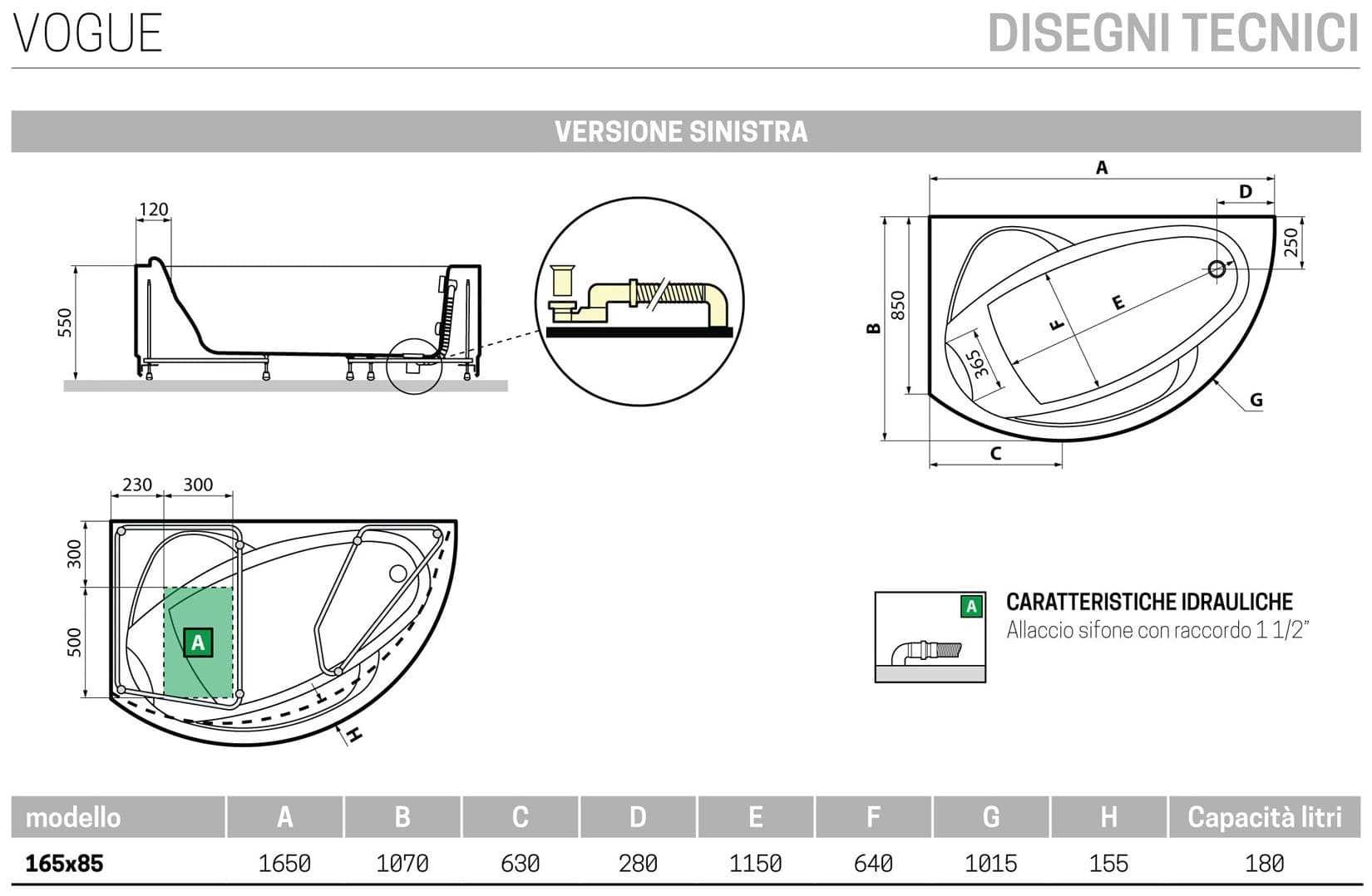 Novellini Vogue Vasca da Bagno Versione Standard Con Telaio Misura 165x85 H55 cm Forma Esterna Tonda Curva Semicircolare Asimmetrica Interna Ovale Installazione Angolo Sinistra Pannello Frontale Erogatore Cuscino Materiale Acrilico Finitura Bianco Lucido
