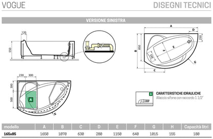Novellini Vogue Vasca da Bagno Versione Standard Con Telaio Misura 165x85 H55 cm Forma Esterna Tonda Curva Semicircolare Asimmetrica Interna Ovale Installazione Angolo Sinistra Pannello Frontale Erogatore Cuscino Materiale Acrilico Finitura Bianco Lucido