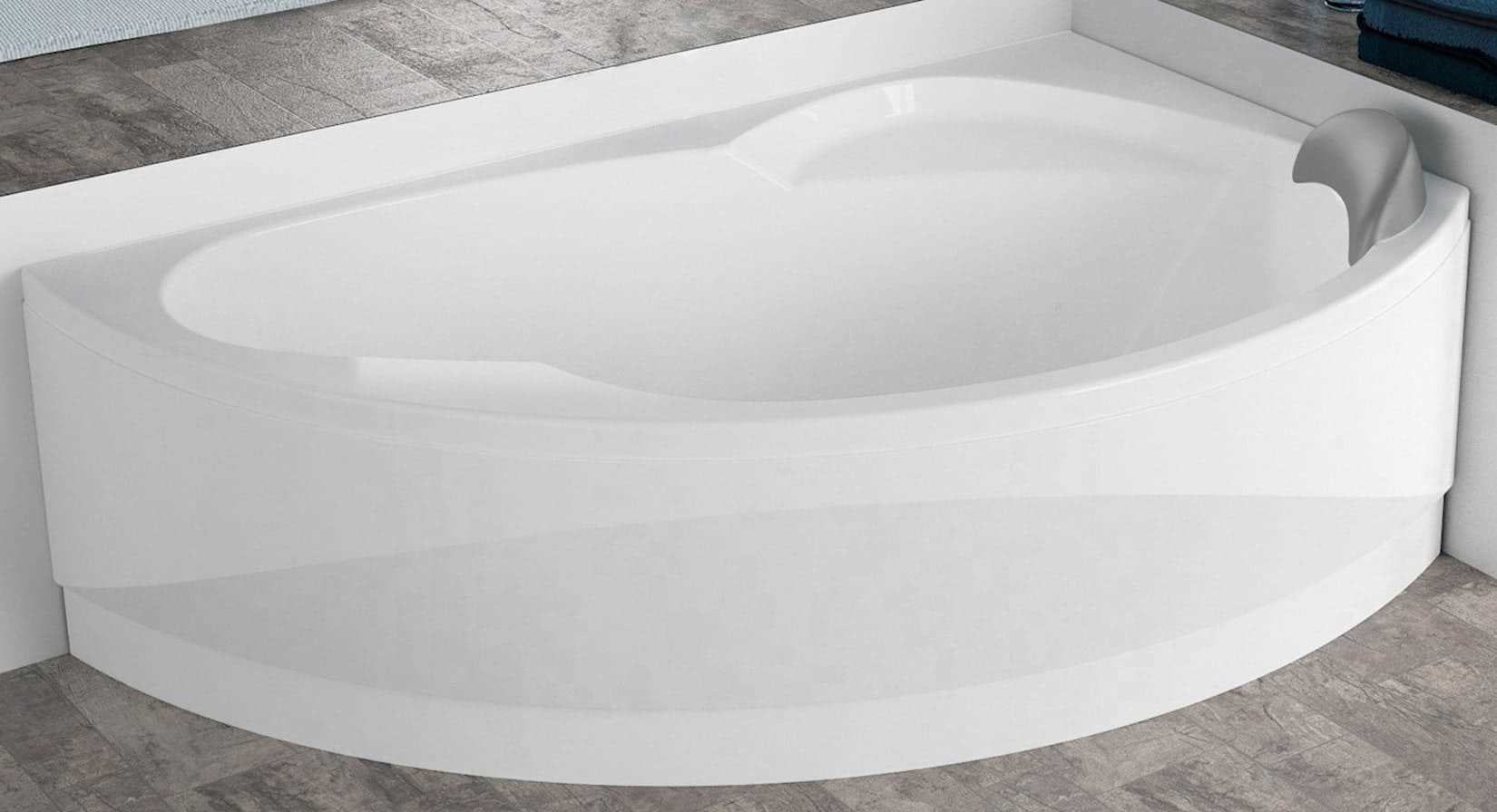 Novellini Vogue Vasca da Bagno Versione Standard Con Telaio Misura 150x85 H55 cm Forma Esterna Tonda Curva Semicircolare Asimmetrica Interna Ovale Installazione Angolare Destra Pannello Frontale Erogatore Cuscino Materiale Acrilico Finitura Bianco Lucido