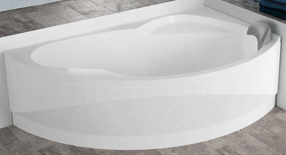 Novellini Vogue Vasca da Bagno Versione Standard Con Telaio Misura 150x85 H55 cm Forma Esterna Tonda Curva Semicircolare Asimmetrica Interna Ovale Installazione Angolare Destra Pannello Frontale Colonna Cuscino Materiale Acrilico Finitura Bianco Lucido