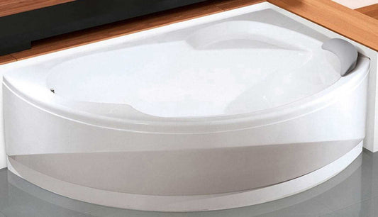 Novellini Vogue Vasca da Bagno Versione Standard Con Telaio Misura 150x85 H55 cm Forma Esterna Tonda Curva Semicircolare Asimmetrica Interna Ovale Installazione Angolare Destra Pannello Frontale Colonna Cuscino Materiale Acrilico Finitura Bianco Lucido