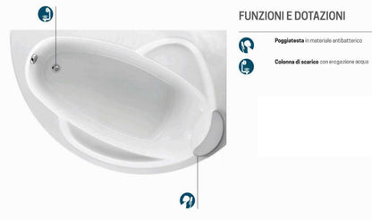 Novellini Vogue Vasca da Bagno Versione Standard Con Telaio Misura 165x85 H55 cm Forma Esterna Tonda Curva Semicircolare Asimmetrica Interna Ovale Installazione Angolare Destra Pannello Frontale Erogatore Cuscino Materiale Acrilico Finitura Bianco Lucido