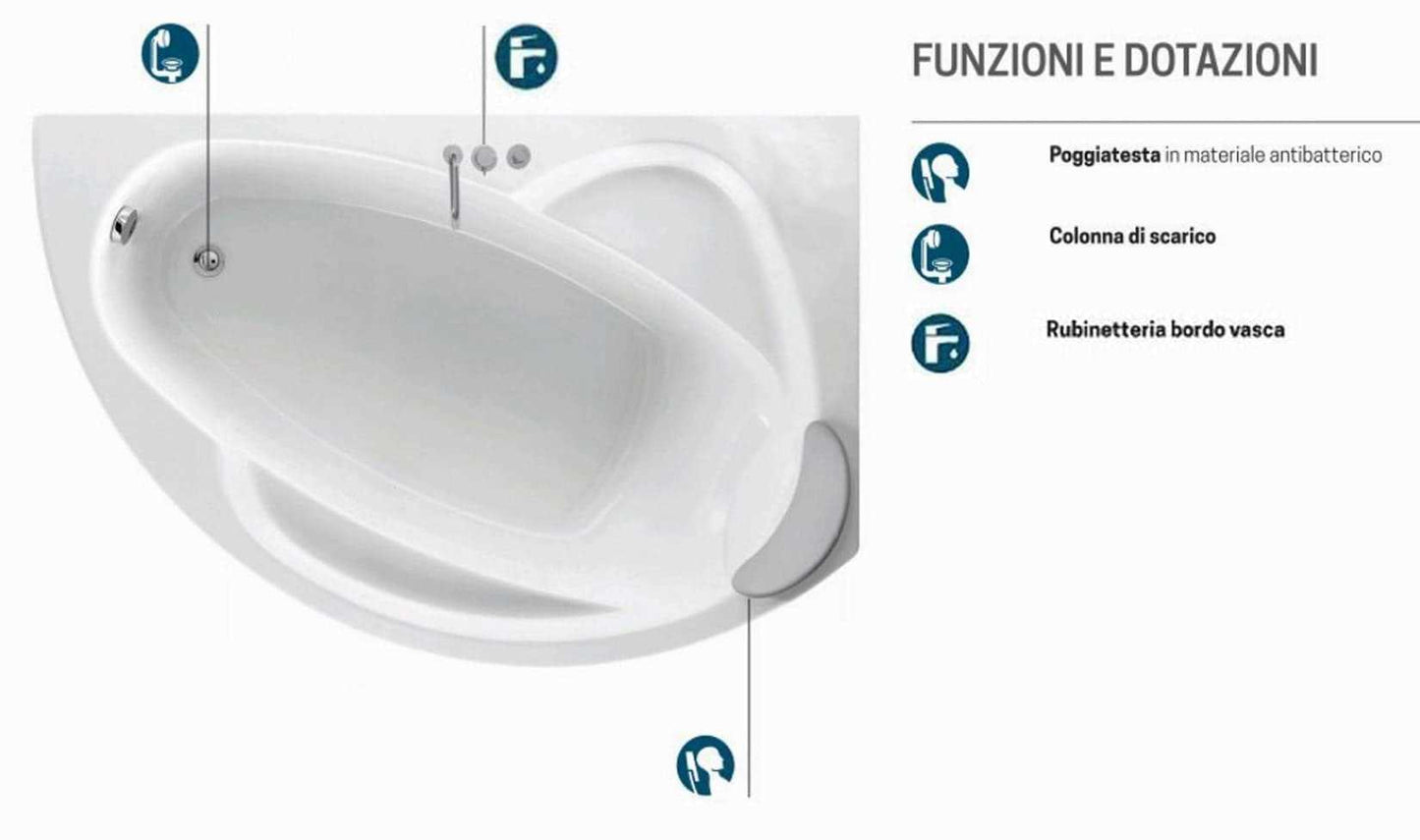 Novellini Vogue Vasca da Bagno Versione Standard Con Telaio Misura 165x85 H55 cm Forma Esterna Semicircolare Asimmetrica Interna Ovale Installazione Angolare Destra Pannello Frontale Colonna Rubinetteria Cuscino Materiale Acrilico Finitura Bianco Lucido