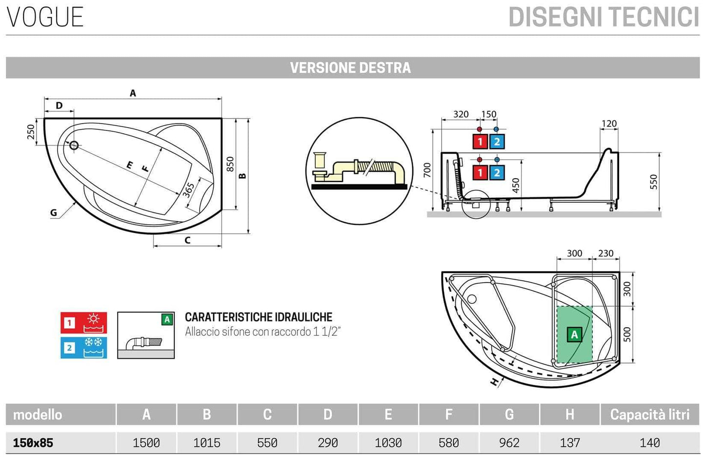 Novellini Vogue Vasca da Bagno Versione Standard Con Telaio Misura 150x85 H55 cm Forma Esterna Semicircolare Asimmetrica Interna Ovale Installazione Angolare Destra Pannello Frontale Colonna Rubinetteria Cuscino Materiale Acrilico Finitura Bianco Lucido