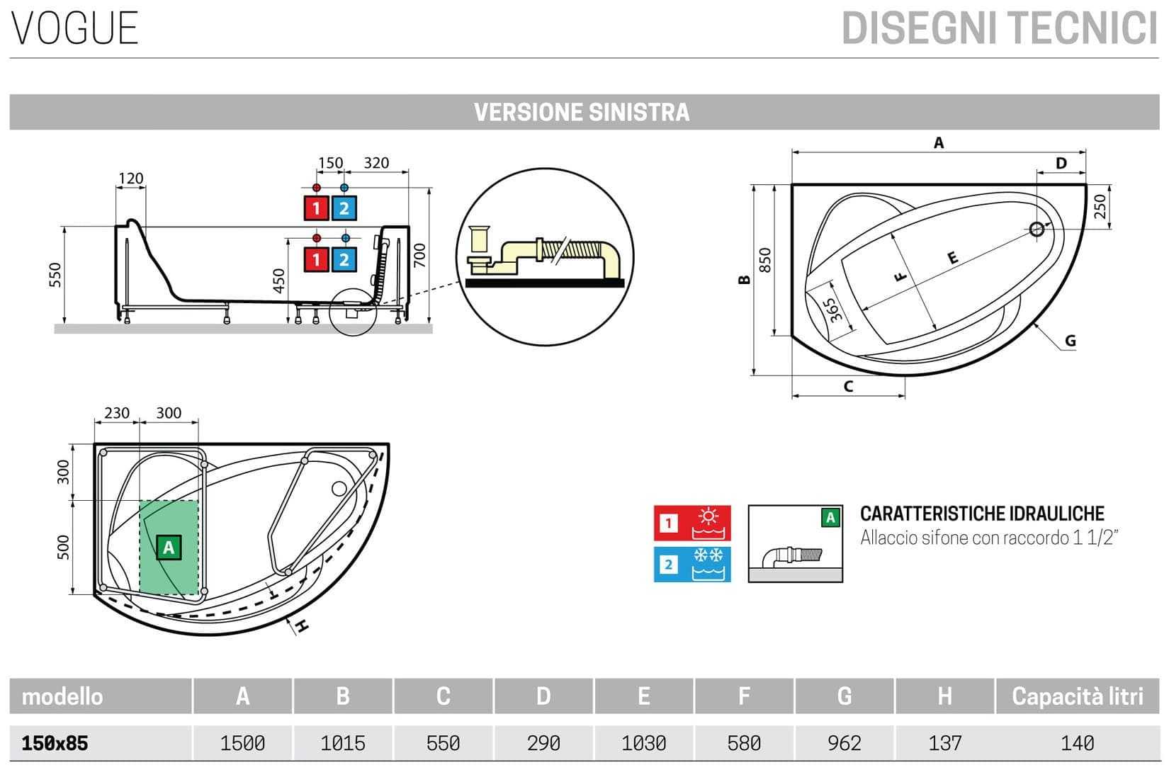 Novellini Vogue Vasca da Bagno Versione Standard Con Telaio Misura 150x85 H55 cm Forma Esterna Semicircolare Asimmetrica Interna Ovale Installazione Angolare Sinistra Pannello Frontale Colonna Rubinetteria Cuscino Materiale Acrilico Finitura Bianco Lucido
