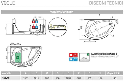 Novellini Vogue Vasca da Bagno Versione Standard Con Telaio Misura 150x85 H55 cm Forma Esterna Semicircolare Asimmetrica Interna Ovale Installazione Angolare Sinistra Pannello Frontale Colonna Rubinetteria Cuscino Materiale Acrilico Finitura Bianco Lucido