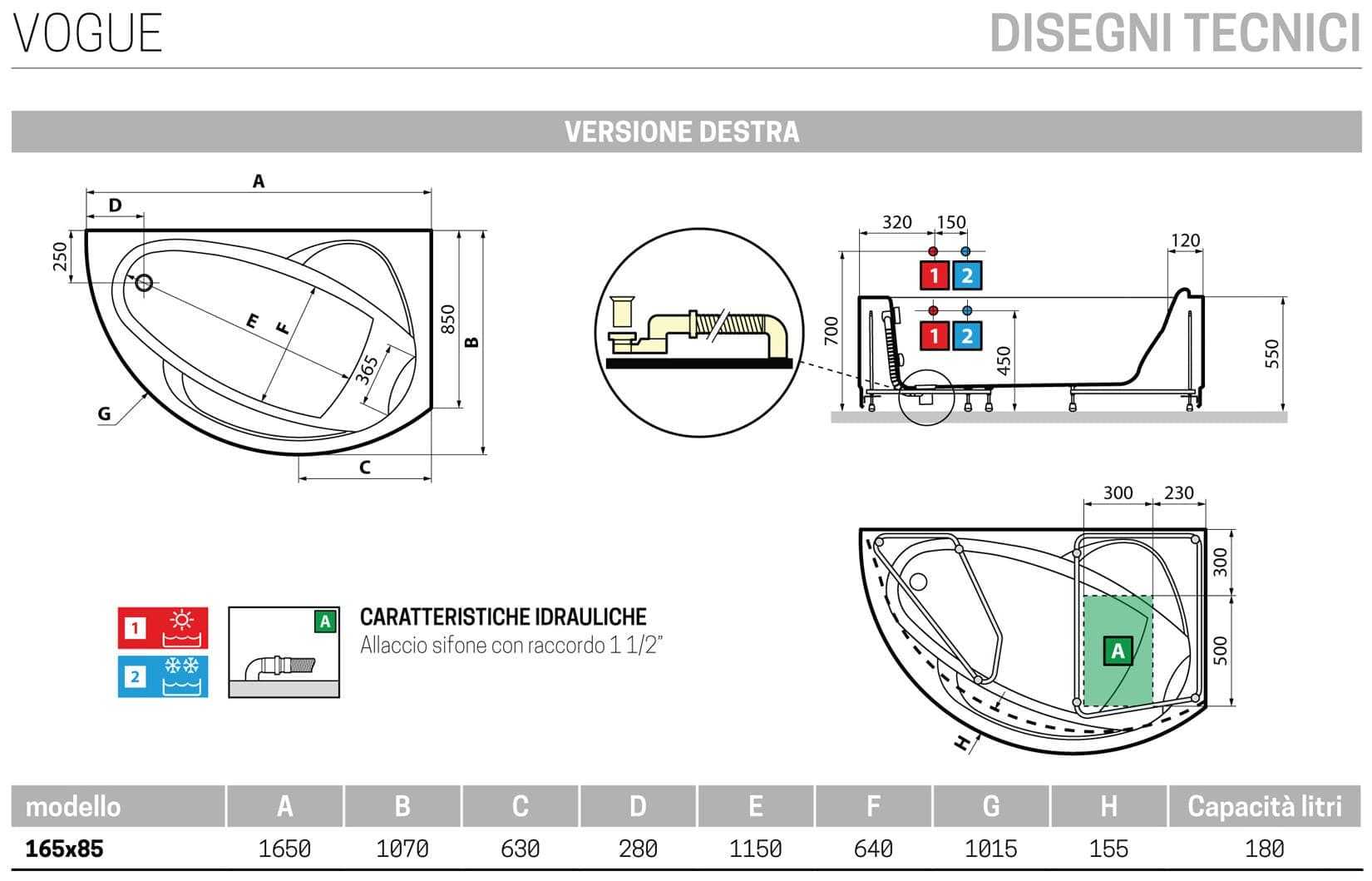 Novellini Vogue Vasca da Bagno Versione Standard Con Telaio Misura 165x85 H55 cm Forma Esterna Semicircolare Asimmetrica Interna Ovale Installazione Angolare Destra Pannello Frontale Colonna Rubinetteria Cuscino Materiale Acrilico Finitura Bianco Lucido