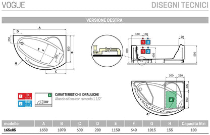 Novellini Vogue Vasca da Bagno Versione Standard Con Telaio Misura 165x85 H55 cm Forma Esterna Semicircolare Asimmetrica Interna Ovale Installazione Angolare Destra Pannello Frontale Colonna Rubinetteria Cuscino Materiale Acrilico Finitura Bianco Lucido