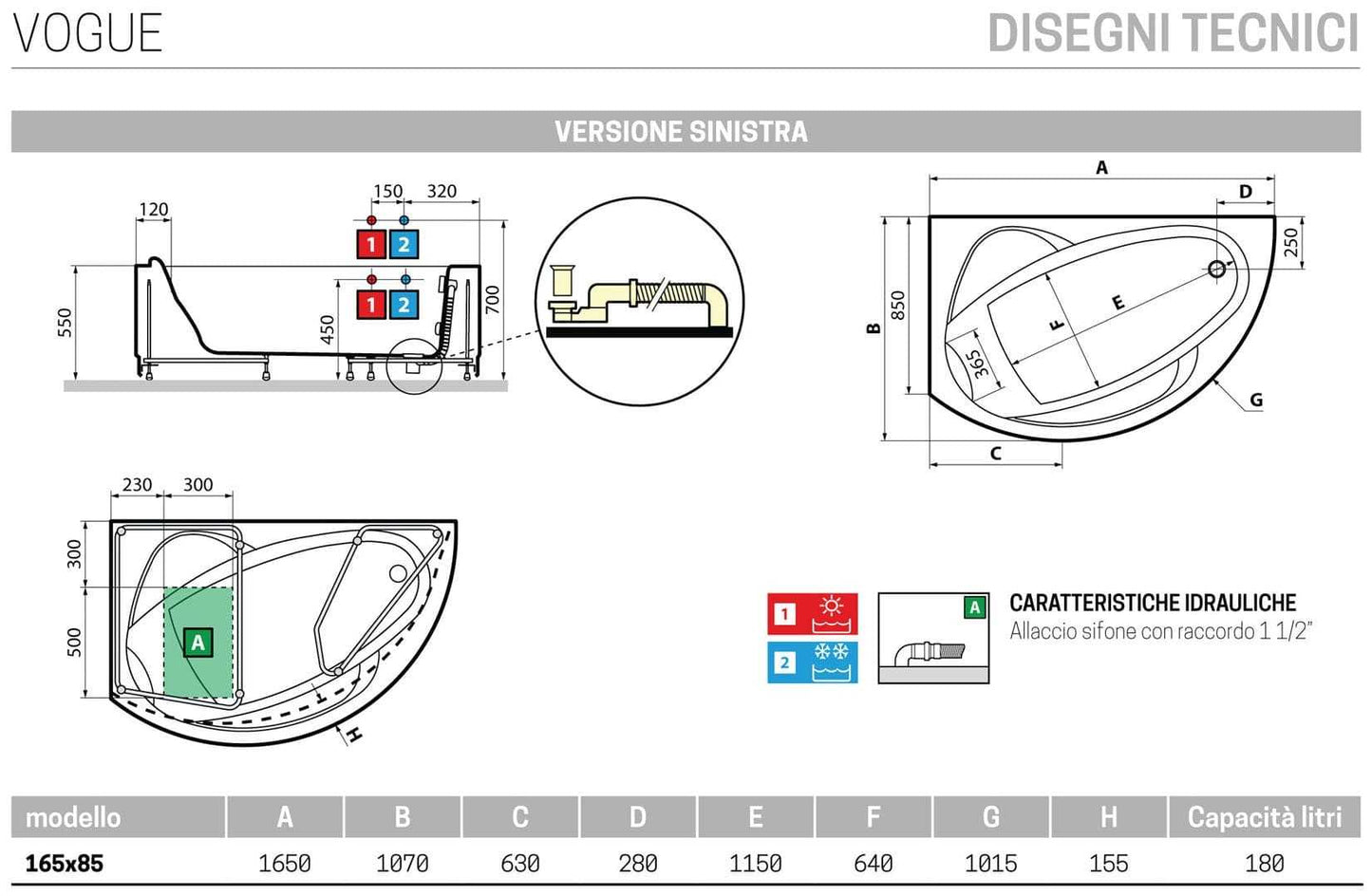Novellini Vogue Vasca da Bagno Versione Standard Con Telaio Misura 165x85 H55 cm Forma Esterna Semicircolare Asimmetrica Interna Ovale Installazione Angolare Sinistra Pannello Frontale Colonna Rubinetteria Cuscino Materiale Acrilico Finitura Bianco Lucido