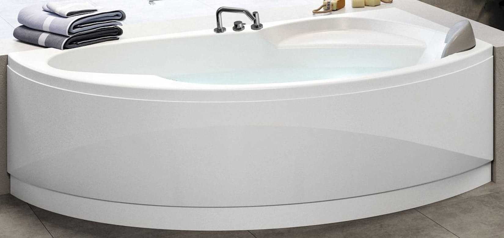 Novellini Vogue Vasca da Bagno Versione Standard Con Telaio Misura 165x85 H55 cm Forma Esterna Semicircolare Asimmetrica Interna Ovale Installazione Angolare Destra Pannello Frontale Colonna Rubinetteria Cuscino Materiale Acrilico Finitura Bianco Lucido