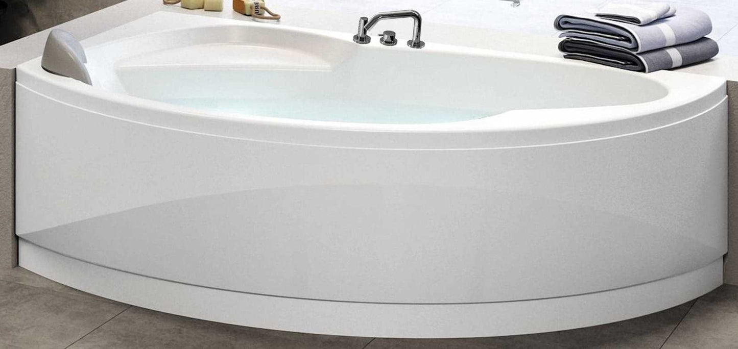 Novellini Vogue Vasca da Bagno Versione Standard Con Telaio Misura 165x85 H55 cm Forma Esterna Semicircolare Asimmetrica Interna Ovale Installazione Angolare Sinistra Pannello Frontale Colonna Rubinetteria Cuscino Materiale Acrilico Finitura Bianco Lucido