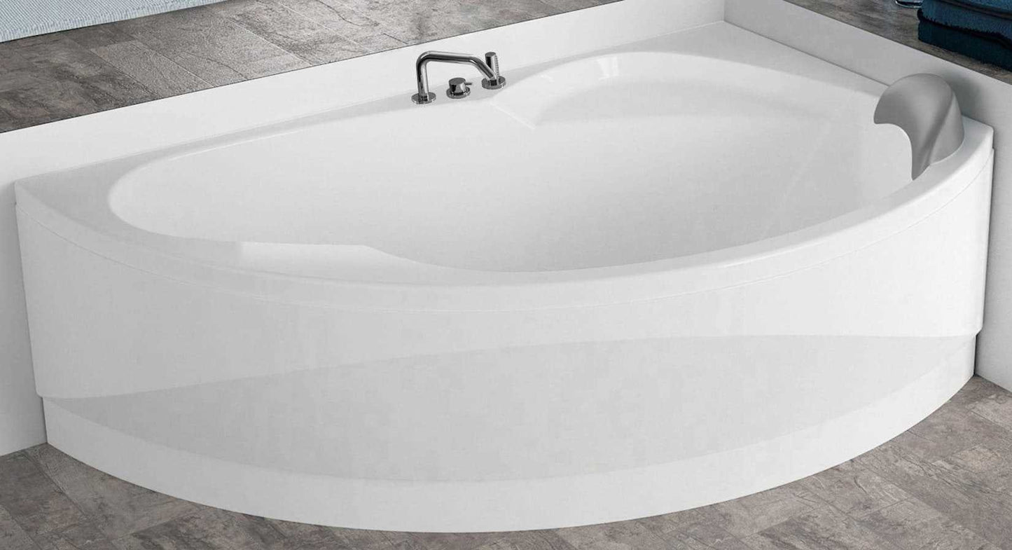 Novellini Vogue Vasca da Bagno Versione Standard Con Telaio Misura 150x85 H55 cm Forma Esterna Semicircolare Asimmetrica Interna Ovale Installazione Angolare Destra Pannello Frontale Colonna Rubinetteria Cuscino Materiale Acrilico Finitura Bianco Lucido