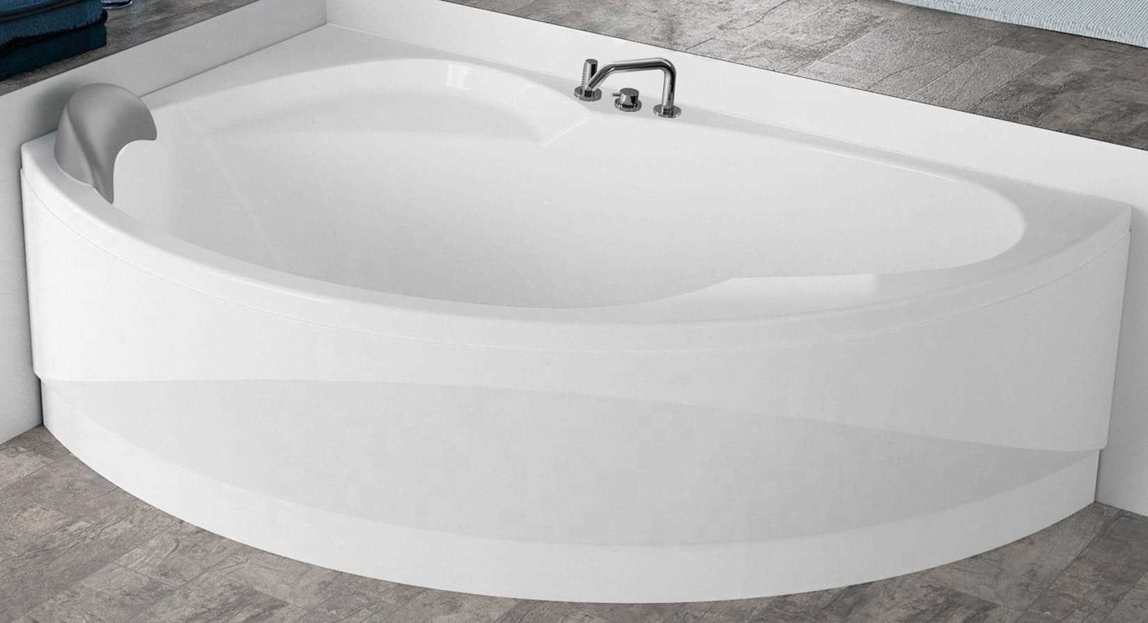 Novellini Vogue Vasca da Bagno Versione Standard Con Telaio Misura 165x85 H55 cm Forma Esterna Semicircolare Asimmetrica Interna Ovale Installazione Angolare Sinistra Pannello Frontale Colonna Rubinetteria Cuscino Materiale Acrilico Finitura Bianco Lucido