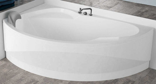 Novellini Vogue Vasca da Bagno Versione Standard Con Telaio Misura 165x85 H55 cm Forma Esterna Semicircolare Asimmetrica Interna Ovale Installazione Angolare Sinistra Pannello Frontale Colonna Rubinetteria Cuscino Materiale Acrilico Finitura Bianco Lucido