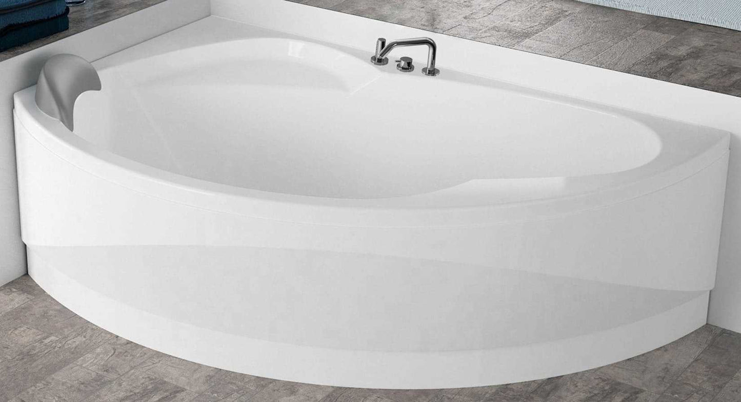 Novellini Vogue Vasca da Bagno Versione Standard Con Telaio Misura 150x85 H55 cm Forma Esterna Semicircolare Asimmetrica Interna Ovale Installazione Angolare Sinistra Pannello Frontale Colonna Rubinetteria Cuscino Materiale Acrilico Finitura Bianco Lucido